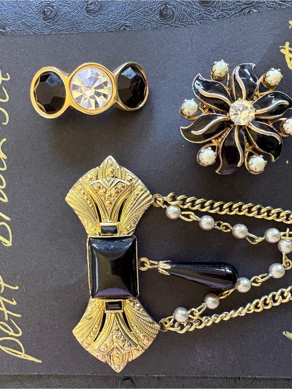 Vintage Gold & Black brooch set- Women Jewelry